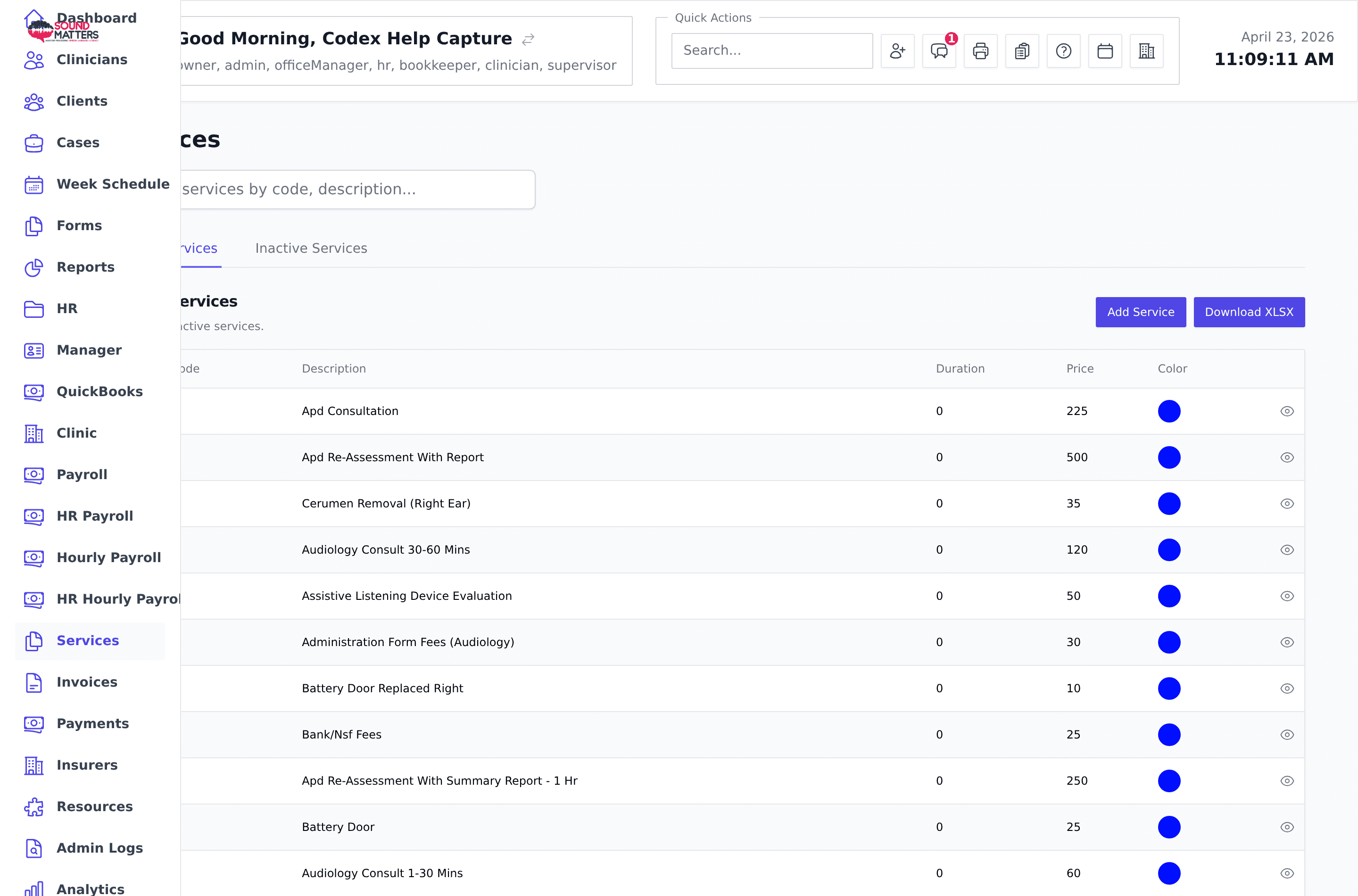 Screenshot for step 1: Open Services to add or update billable service definitions, default pricing, and appointment defaults.