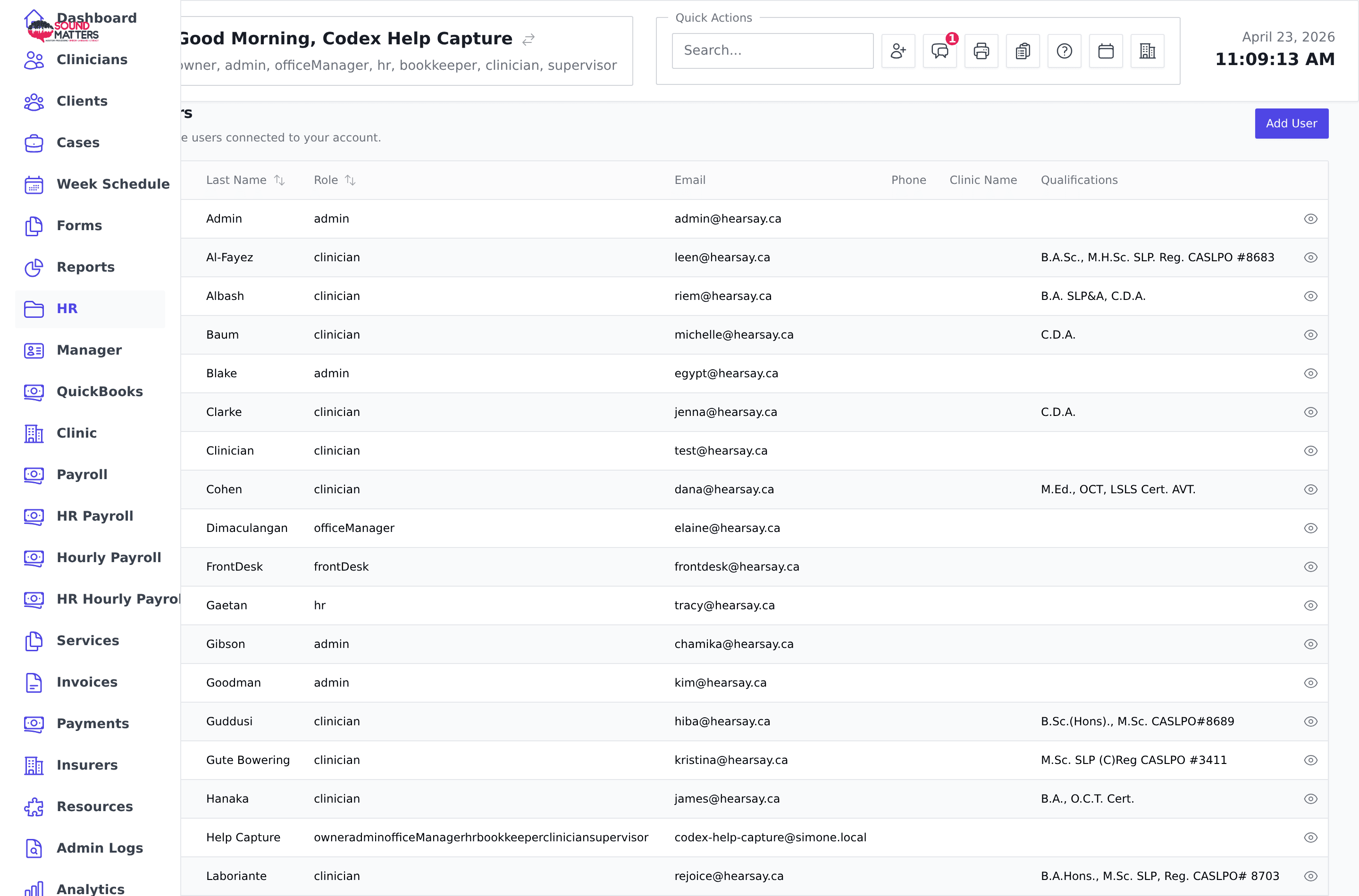 Screenshot for step 1: Open HR or Clinic Staff and find the user. Create a user only after confirming they do not already exist.