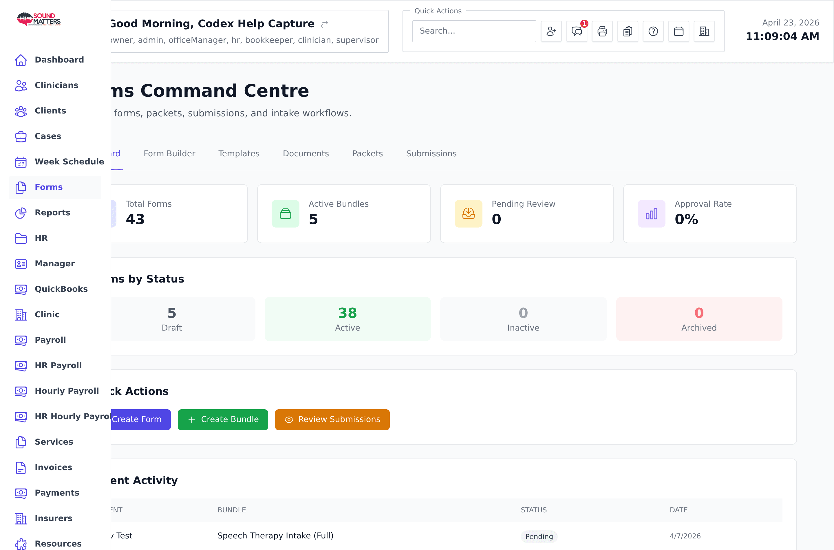 Screenshot for step 1: Open Forms from the sidebar. Start on Dashboard for form metrics, recent activity, and shortcuts.