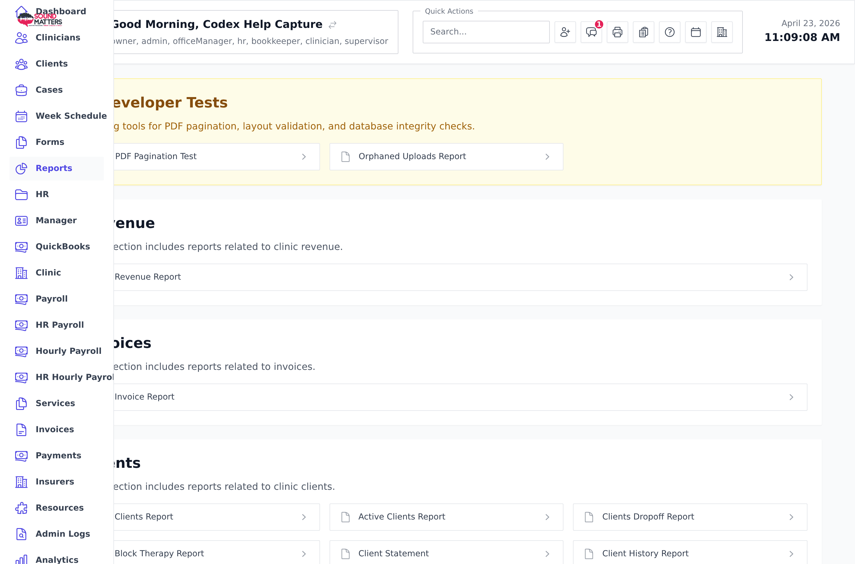 Screenshot for step 4: Open Reports for deeper views such as active clients, appointment types, payroll summary, cancellation tracking, phone calls, and case metrics.