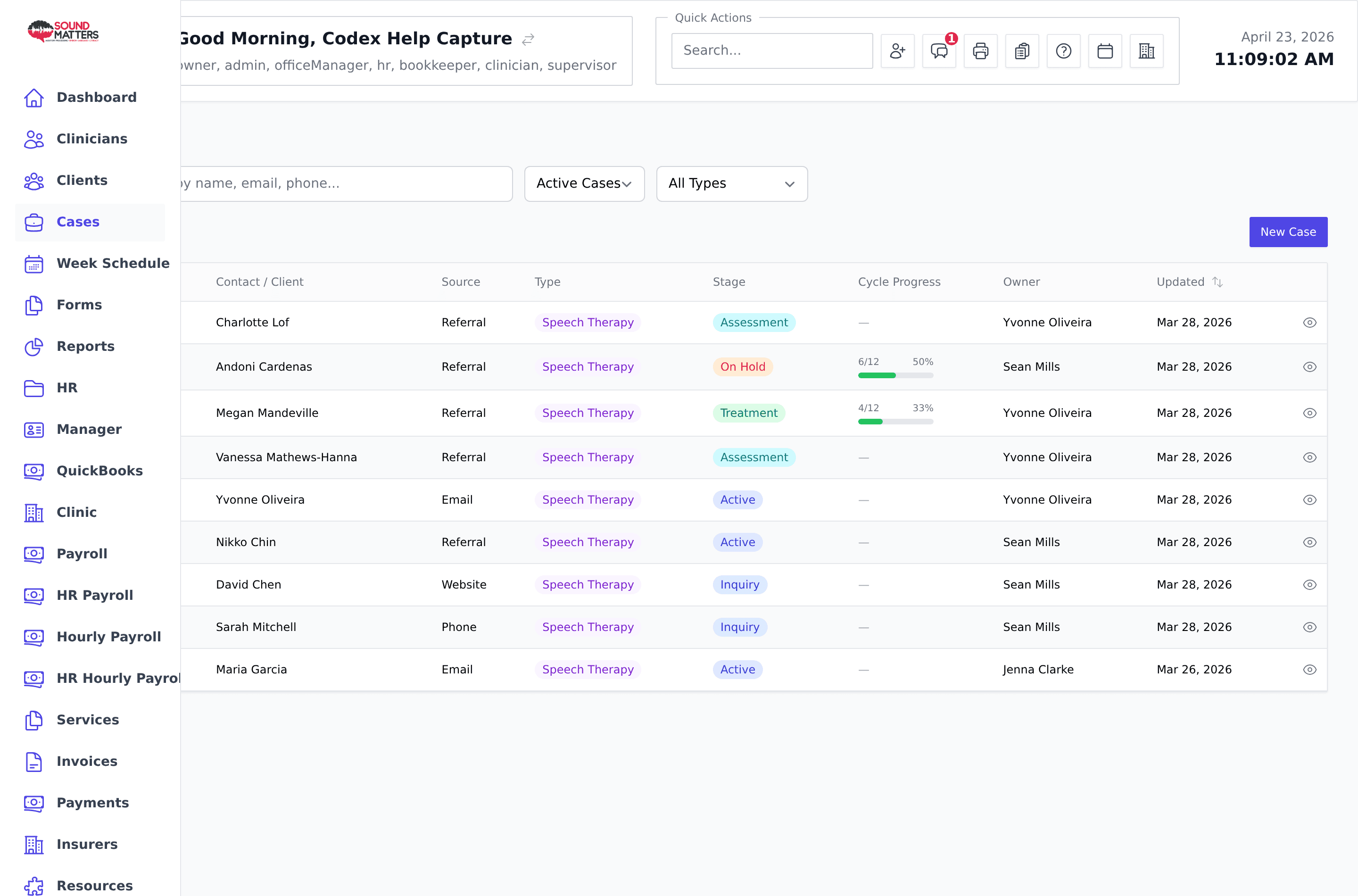 Screenshot for step 1: Open Cases from the sidebar for a clinic-wide list, or open the Cases tab from a client profile for that client only.