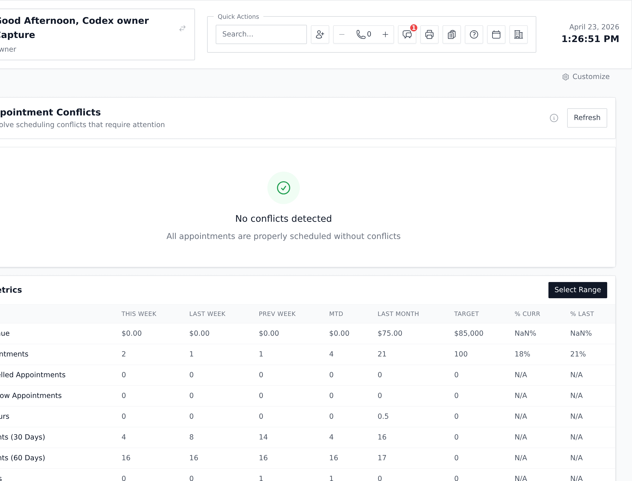 Screenshot for step 5: Once sign-in succeeds you land on /dashboard — that’s your confirmation you’re in. What you see next depends on your role: clinicians get a row of six stat cards, front desk sees a nine-card reception layout, and owners, clinic managers, and HR see full-width rollup panels. — Owner