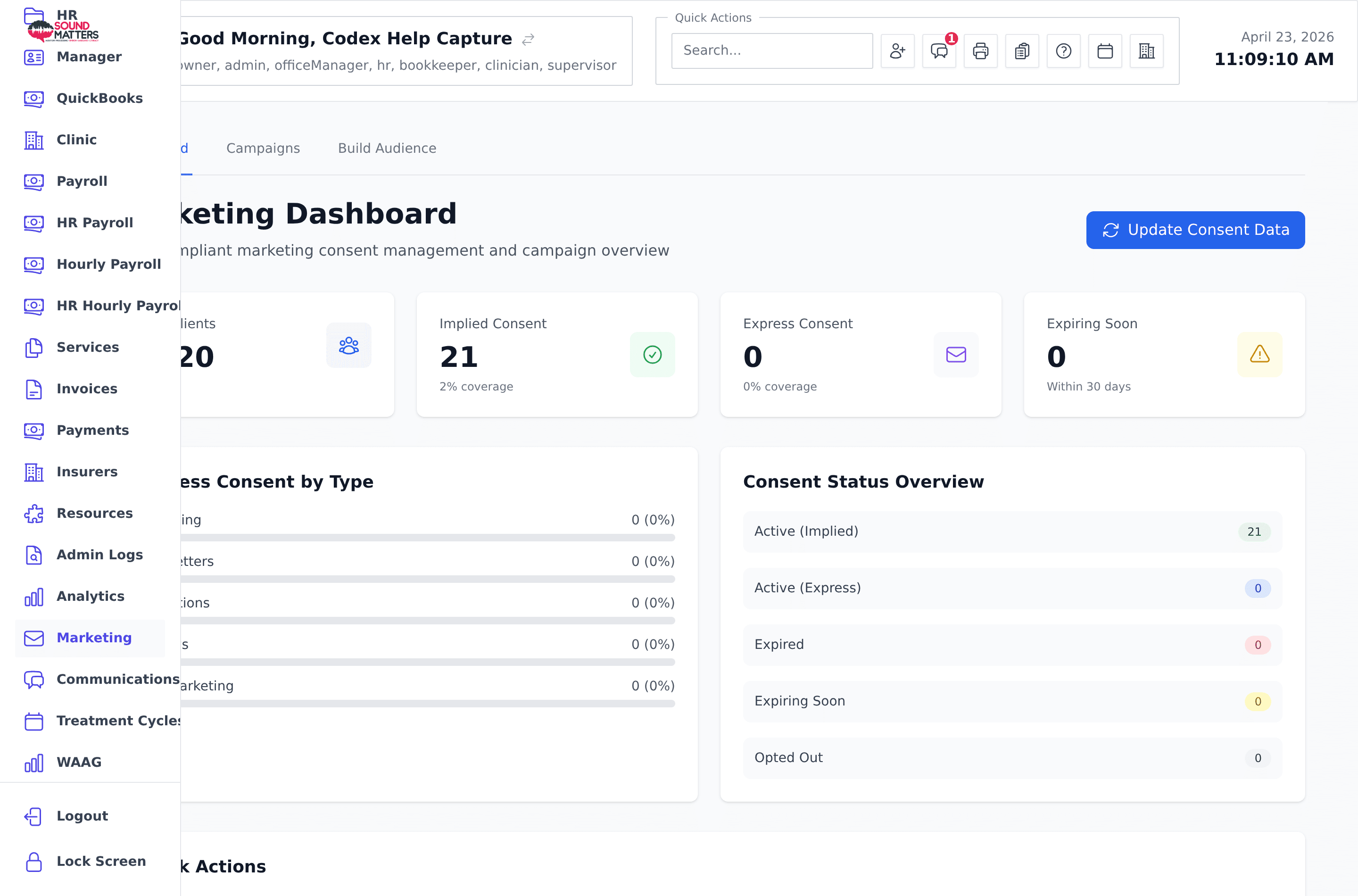 Screenshot for step 1: Open Marketing from the sidebar and review the dashboard before creating a campaign.