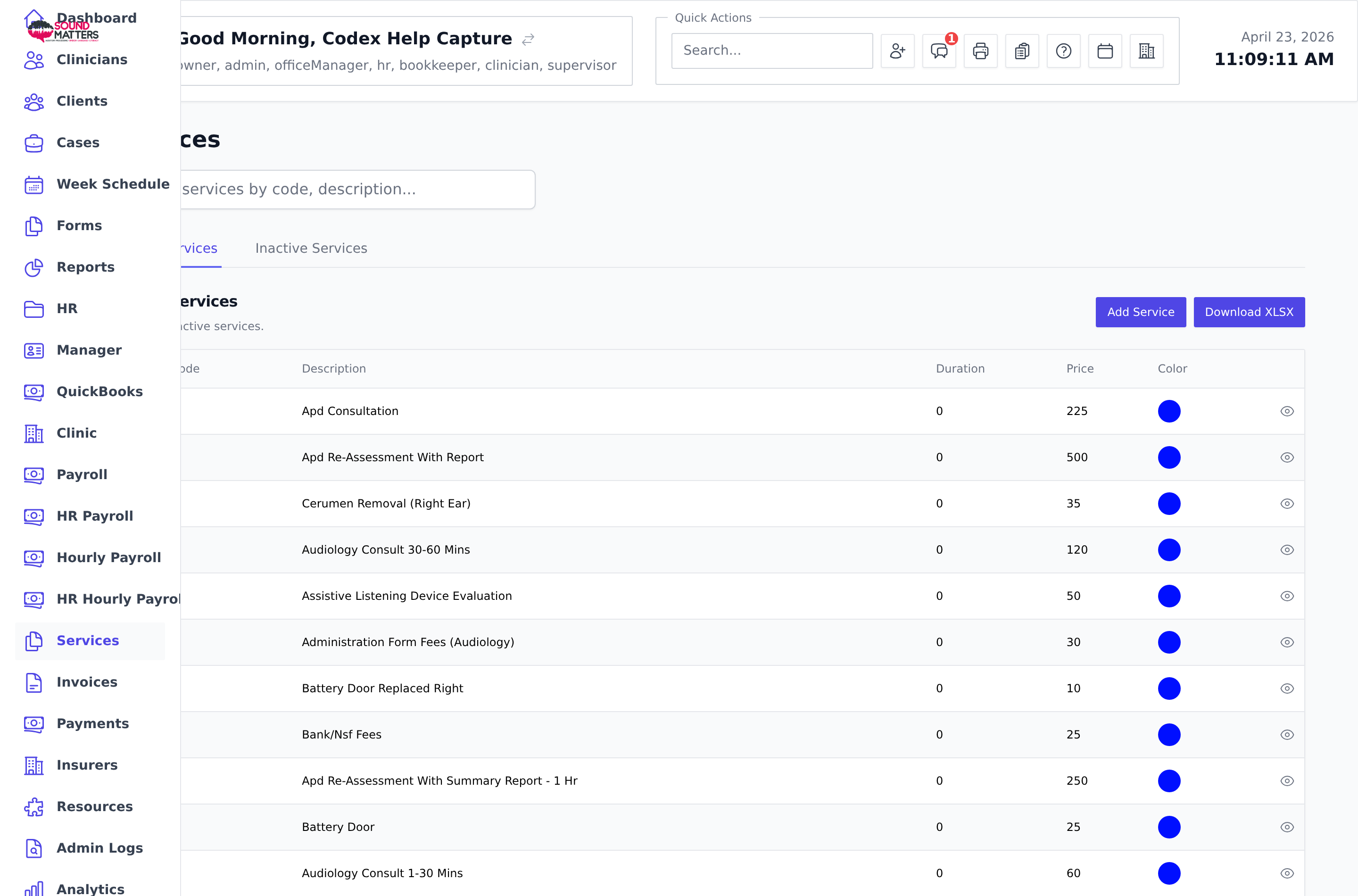 Screenshot for step 1: Open Services to add or update billable service definitions, default pricing, and appointment defaults.