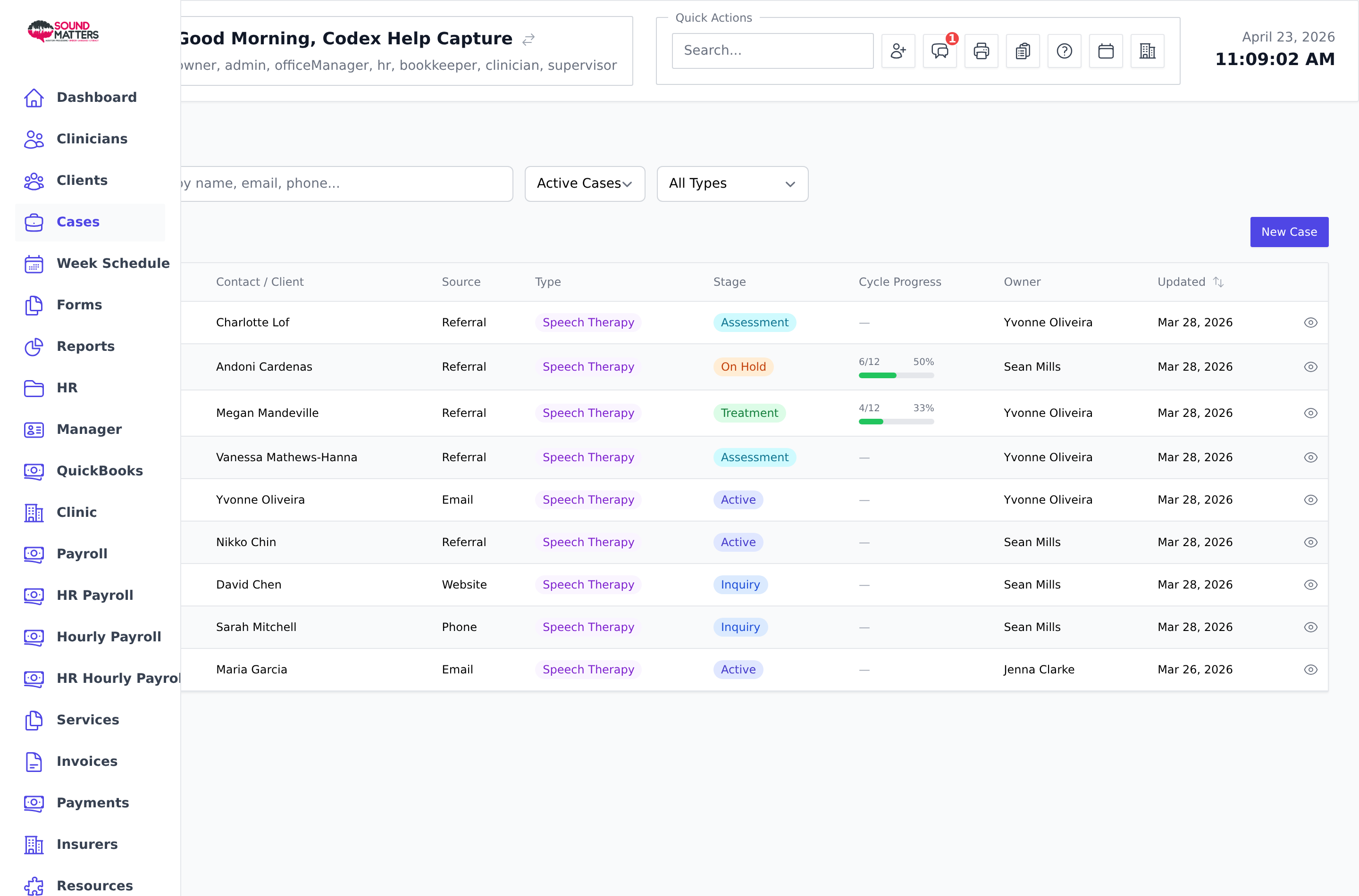 Screenshot for step 1: Open Cases from the sidebar for a clinic-wide list, or open the Cases tab from a client profile for that client only.