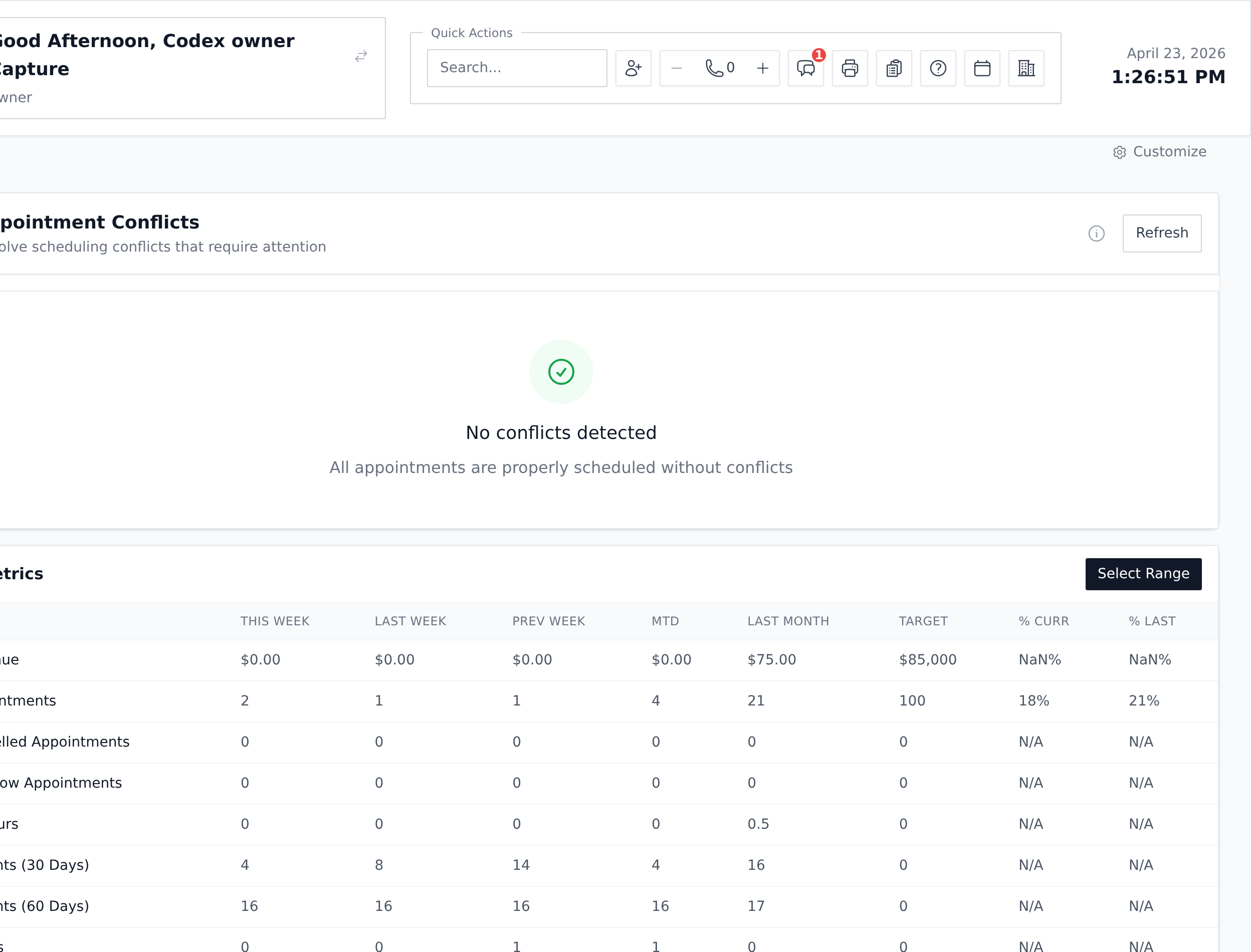 Screenshot for step 5: Once sign-in succeeds you land on /dashboard — that’s your confirmation you’re in. What you see next depends on your role: clinicians get a row of six stat cards, front desk sees a nine-card reception layout, and owners, clinic managers, and HR see full-width rollup panels. — Owner