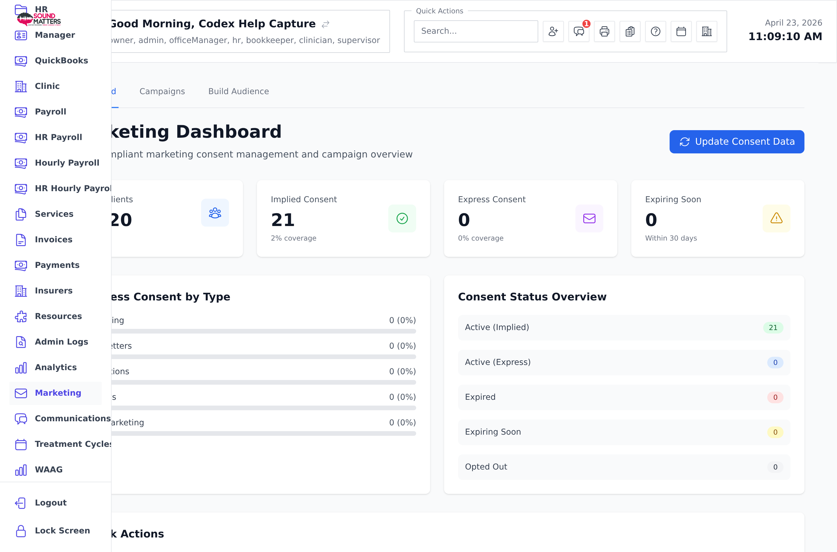 Screenshot for step 1: Open Marketing from the sidebar and review the dashboard before creating a campaign.