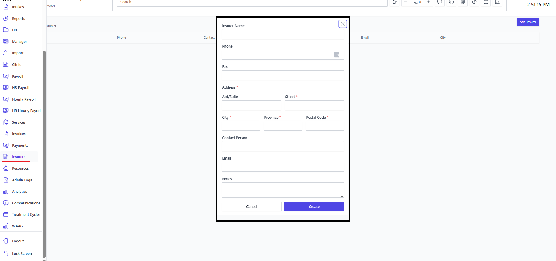 Screenshot for step 2: Open Insurers to maintain insurer records used by client billing and invoice routing.