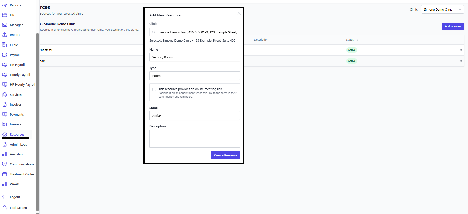 Screenshot for step 3: Open Resources to add rooms, equipment, or other bookable resources that should be checked during scheduling.