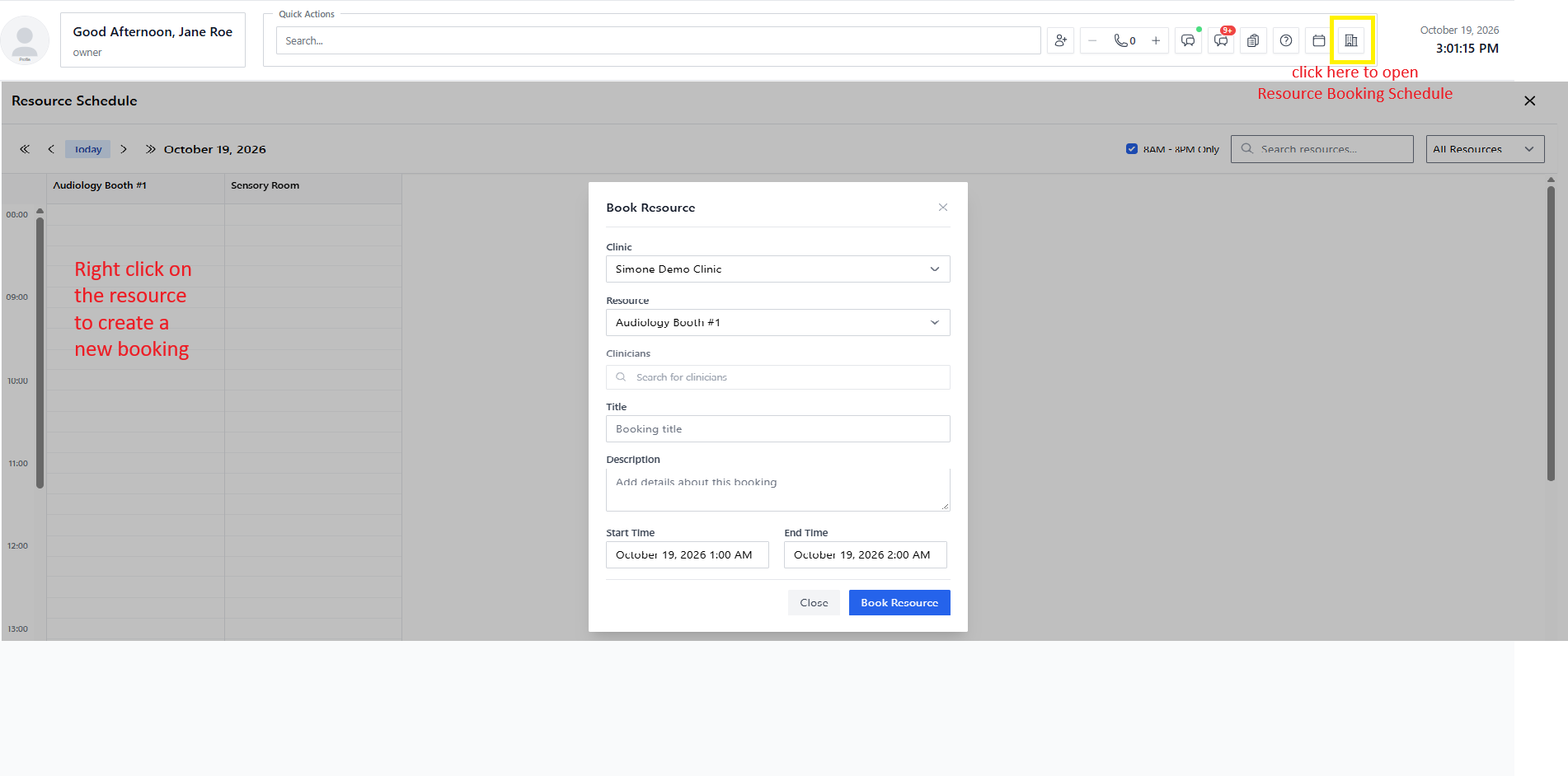 Screenshot for step 4: Use Resource Schedule when resource availability needs a calendar view or when a resource booking needs to be added outside a client appointment.