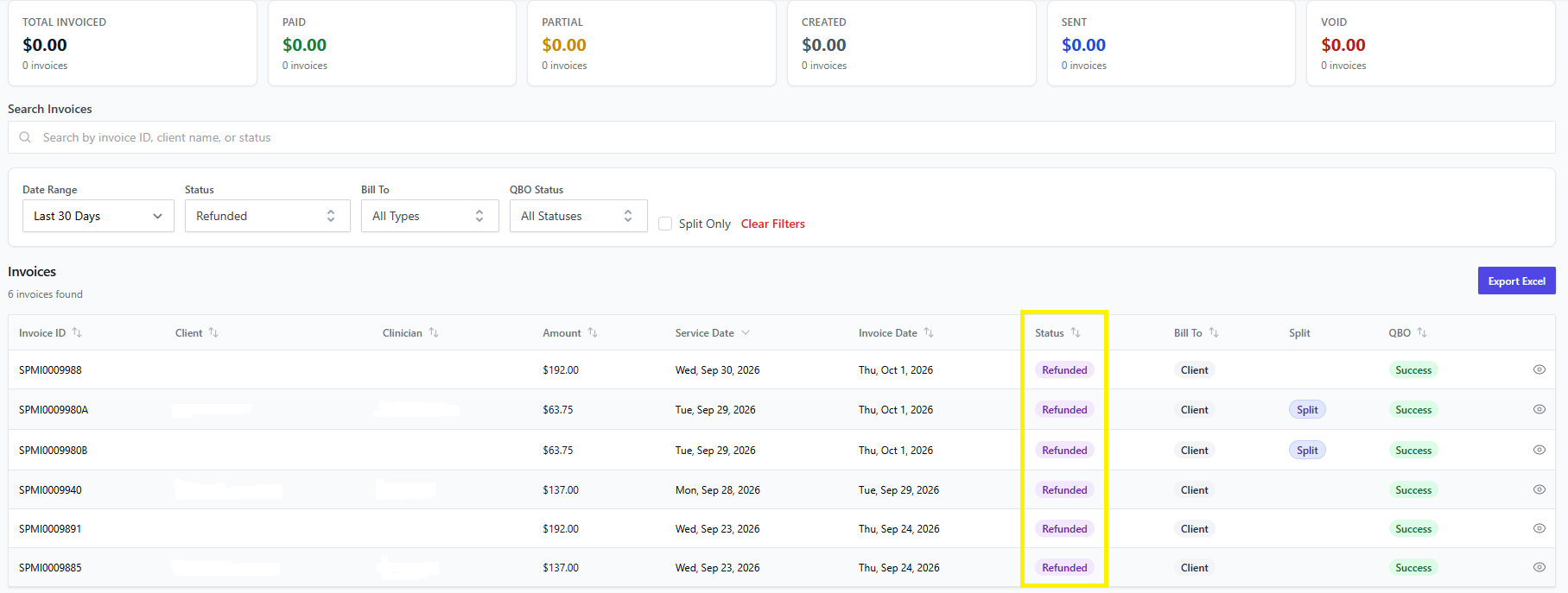 Screenshot for step 3: Submit. A reversal payment record is created; the invoice moves to ‘refunded’. For card-processor refunds, the provider (Stripe or Clover) is called automatically.