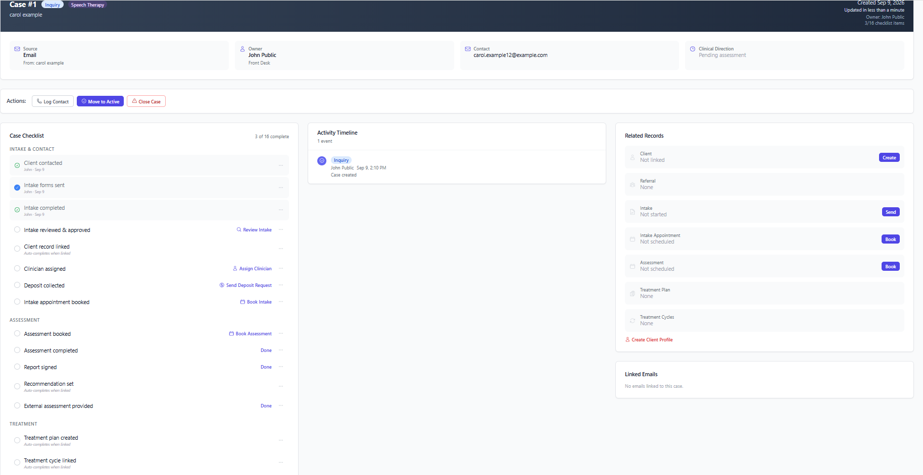 Screenshot for step 4: Use the case overview to monitor status, active cycles, recent appointments, progress summaries, and treatment-plan context.