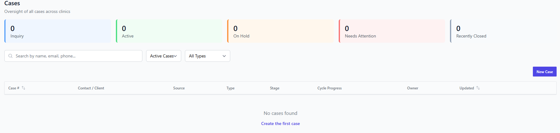 Screenshot for step 2: Create a case from the client or Cases page. Select the client, service focus, clinicians, status, and any start details your clinic tracks.