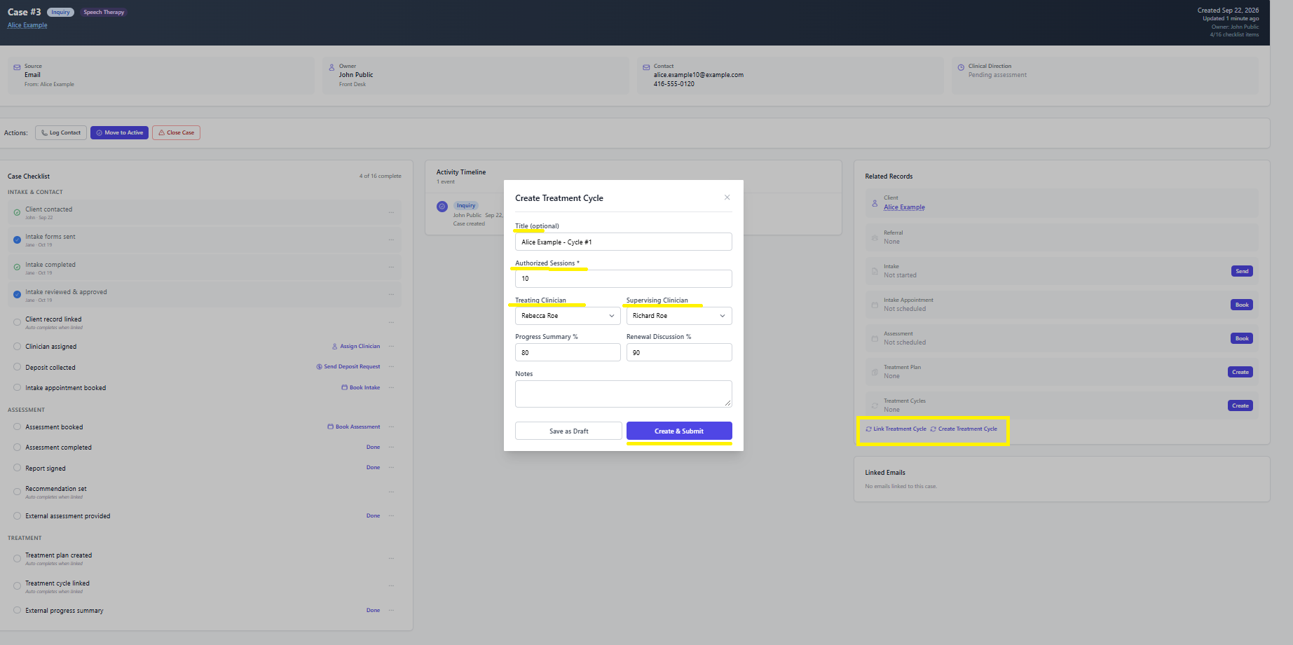 Screenshot for step 3: Link appointments and treatment cycles to the active case so session consumption, progress-summary reminders, and reporting stay aligned.