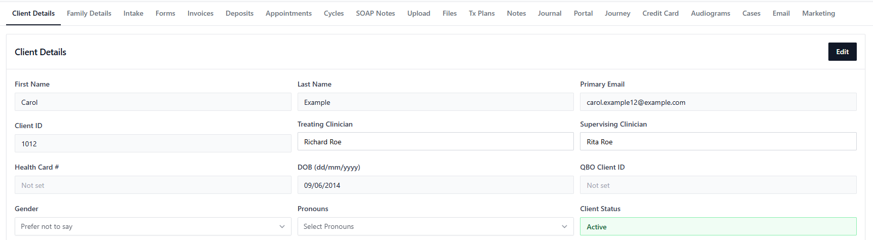 Screenshot for step 3: Use the client tabs to review appointments, SOAP notes, treatment cycles, treatment plans, progress summaries, forms, invoices, payments, deposits, uploads, emails, journal entries, and portal activity.