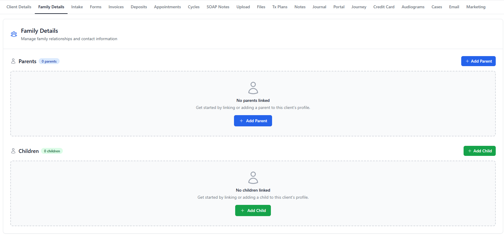 Screenshot for step 4: Use Family details when parent, child, or sibling records need to be linked. Public bundle submissions can also create parent and child records when the intake bundle is configured that way.