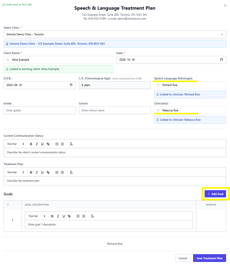 Screenshot for step 3: Add each goal with target behaviour, progress indicators, and action steps. Keep goals measurable so later progress summaries can reuse them.