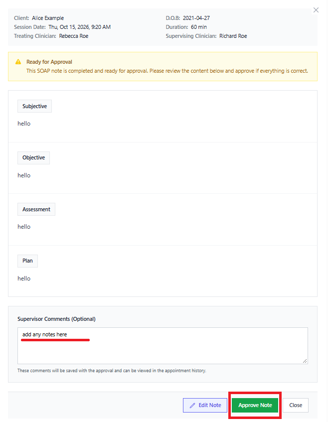 Screenshot for step 3: Optionally add a supervisor comment for the CDA, then click ‘Approve’.