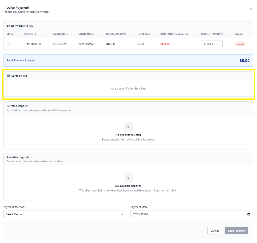 Screenshot for step 3: For card-on-file: review the last 4 digits and expiry, then click ‘Charge’. For cash or check: enter the amount and a reference, then click ‘Record’.