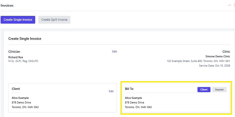 Screenshot for step 2: Choose who to bill: the client, or an insurer on the client record.