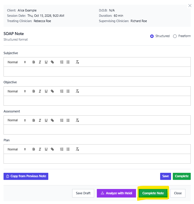 Screenshot for step 3: When the note is ready for your supervising SLP, click ‘Mark Complete’.