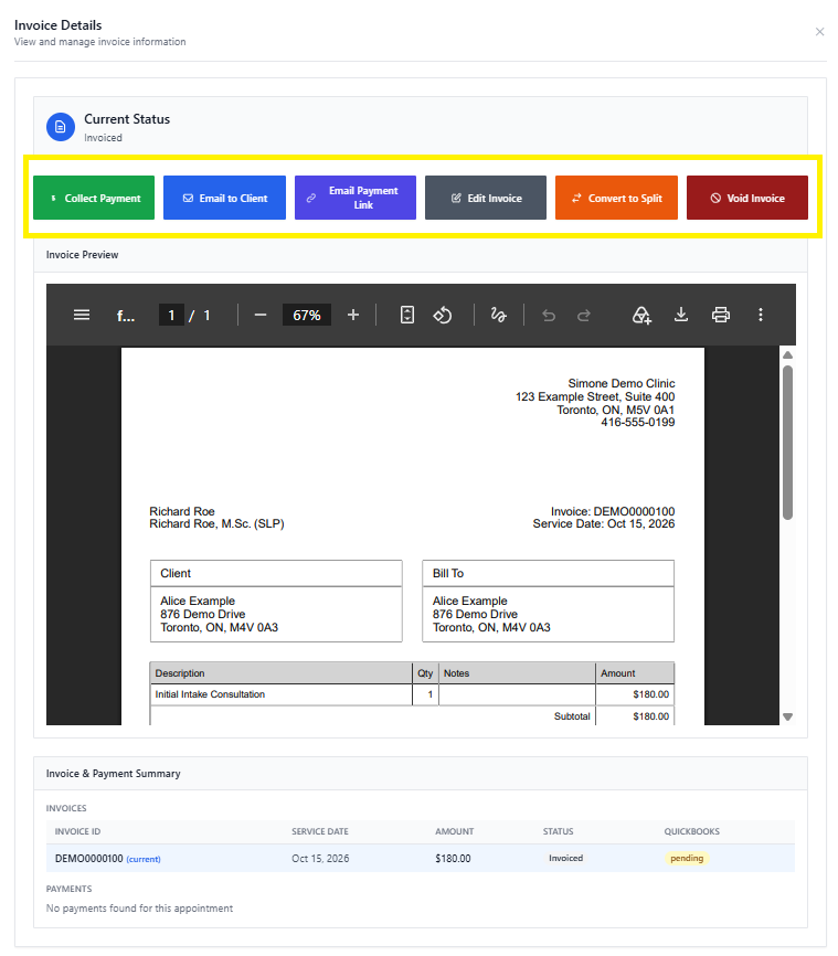 Screenshot for step 4: From the invoice, click ‘Send’ to email the invoice PDF to the client or insurer. The status moves to ‘sent’.