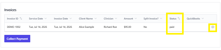 Screenshot for step 4: On success, the invoice moves to ‘paid’ or ‘partially paid’. A payment receipt is available for download or email.