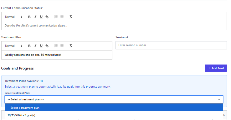 Screenshot for step 3: Load goals from the latest treatment plan when available, then document progress, barriers, and recommendations for each goal.