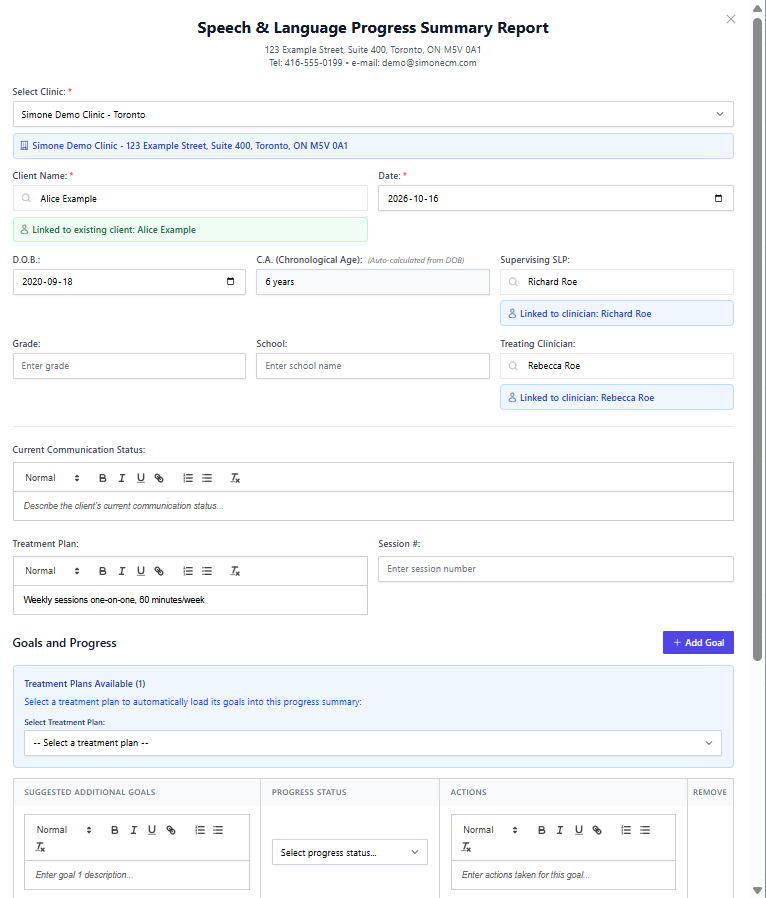 Screenshot for step 2: Start a new summary. Confirm the client, clinician, date range, active case, and active treatment cycle.