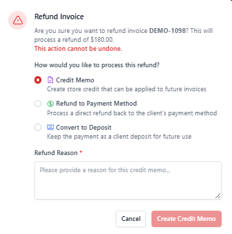 Screenshot for step 2: Choose which payment to refund if there are multiple. Enter a reason — the reason appears on the payment record and the QBO sync.