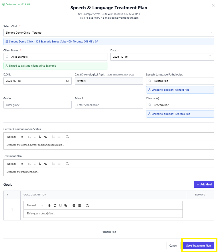 Screenshot for step 4: Save the plan. It remains in the client's treatment plan history and the latest goals can populate the progress summary workflow.