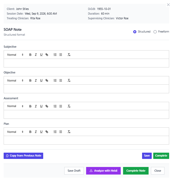 Screenshot for step 2: Fill out the SOAP template. Save progress at any time to come back to it — the note will show ‘Soap Notes Saved’.
