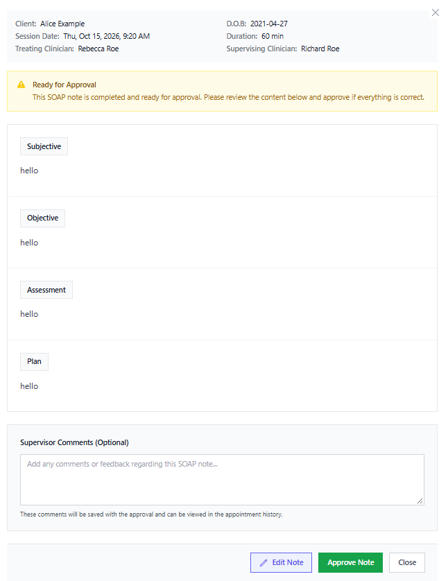 Screenshot for step 2: Click an entry to open the approval modal. Review the full note and any template sections.