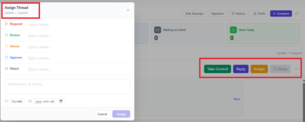 Screenshot for step 4: Use Delegate to assign the thread to a clinician or staff member. Delegated threads appear in that user's Communications dashboard count.