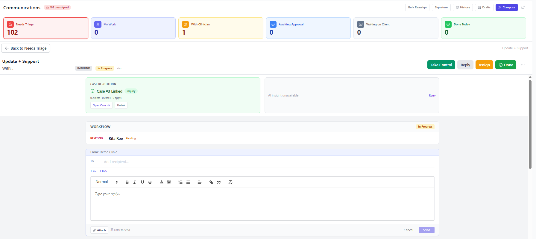 Screenshot for step 5: Compose or reply from the thread, then add notes or resolution details when the conversation affects client care or operations.