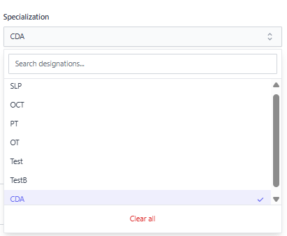 Screenshot for step 3: For clinicians, set specialization such as SLP, CDA, or AUD, and confirm supervisor relationships when SOAP approval depends on them.