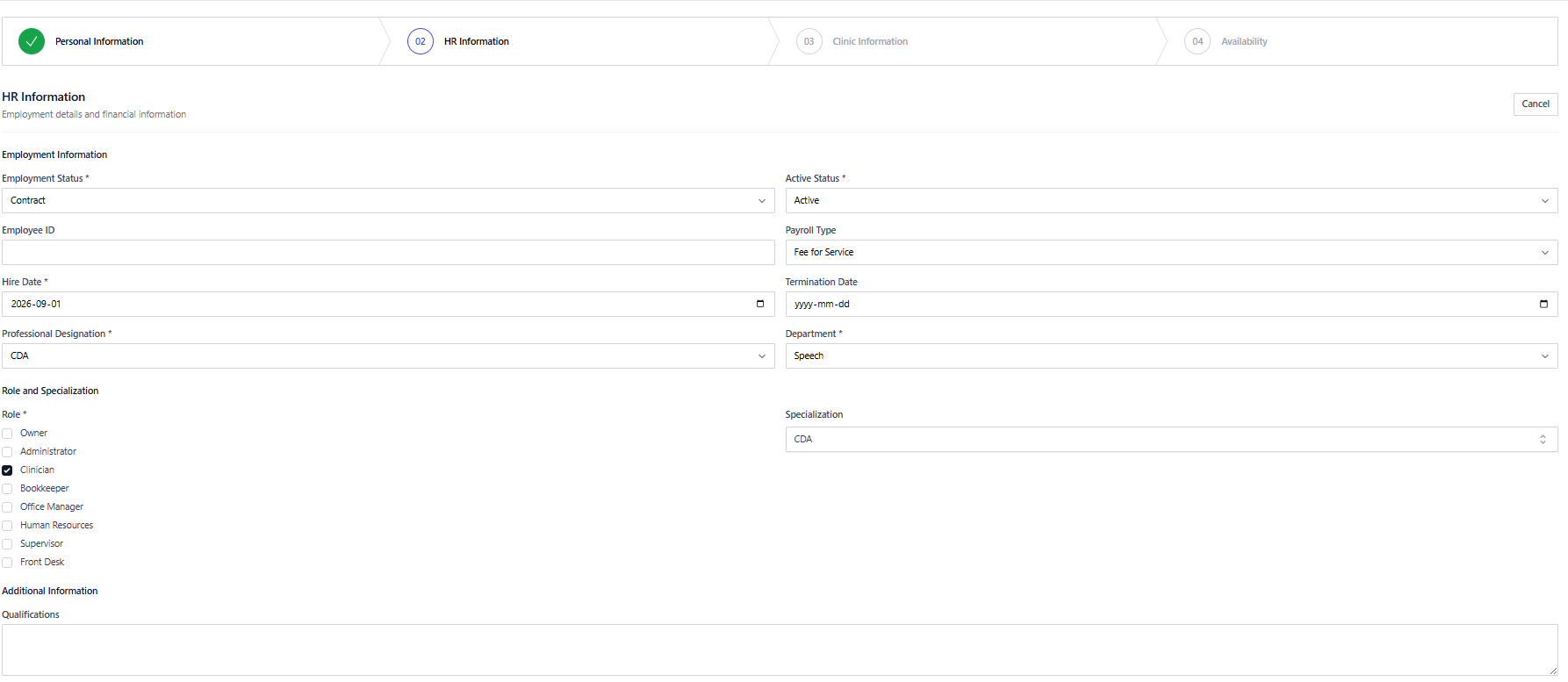 Screenshot for step 2: Set the role or roles: owner, admin, clinician, bookkeeper, officeManager, HR, or supervisor. Some clinics also use a front-desk access pattern through admin-style permissions.