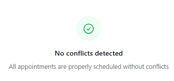 Screenshot for step 2: ‘Conflict Management’ is the top panel. It lists every appointment flagged as conflicted — double-bookings, over-allocated clinicians, or room clashes — paginated five at a time, with accordion rows you can expand to see details.