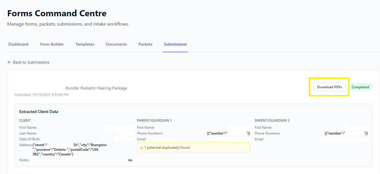 Screenshot for step 3: Download the response PDF when a copy is needed for the client chart, insurer package, or audit trail.