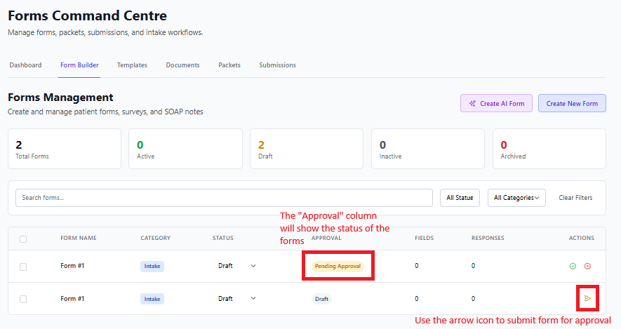Screenshot for step 3: Owners approve the form or request changes with a comment. Approved forms stay usable while later revisions move through a new draft and approval cycle.