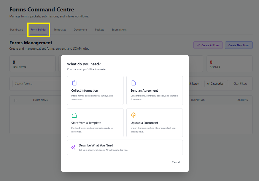Screenshot for step 2: Use Form Builder to create or edit a form. Draft forms can be submitted for approval when they are ready for owner review.