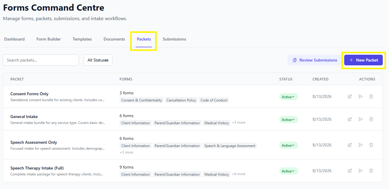 Screenshot for step 4: Use Bundles to group approved forms into client-facing packets. Bundles can be sent from the command centre or directly from a client's Forms tab.