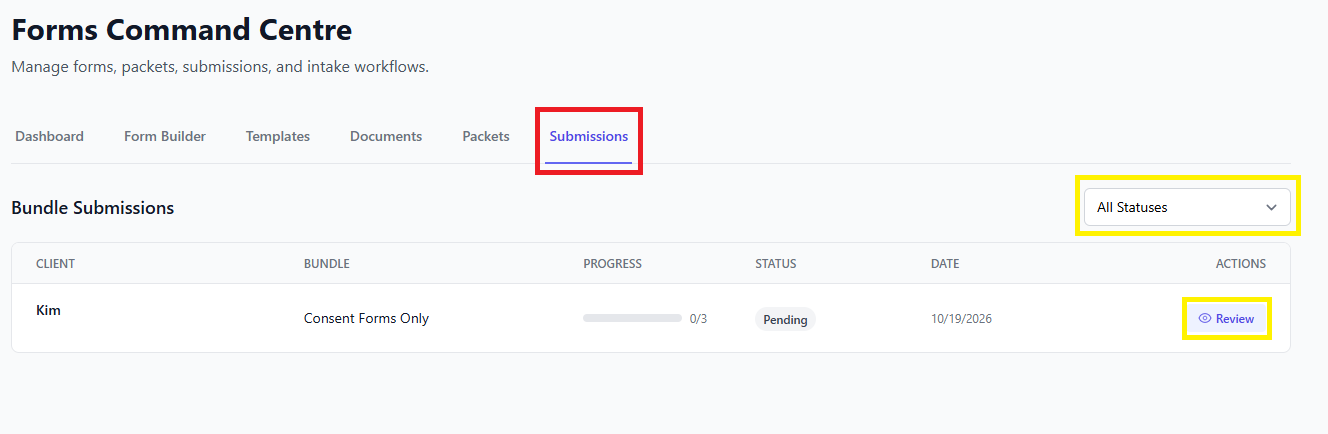 Screenshot for step 5: Use Submissions to review completed packets, download response PDFs, compare submitted client data, and apply approved changes to the client record.