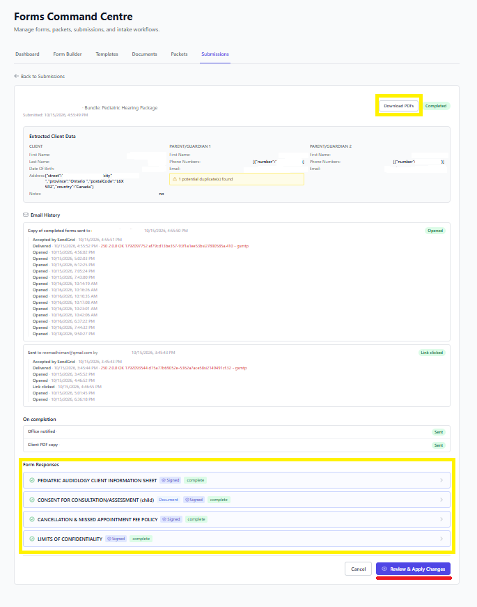 Screenshot for step 2: Review each page of the response. Multi-page forms keep their section headings so the PDF and on-screen review match the client-facing form.