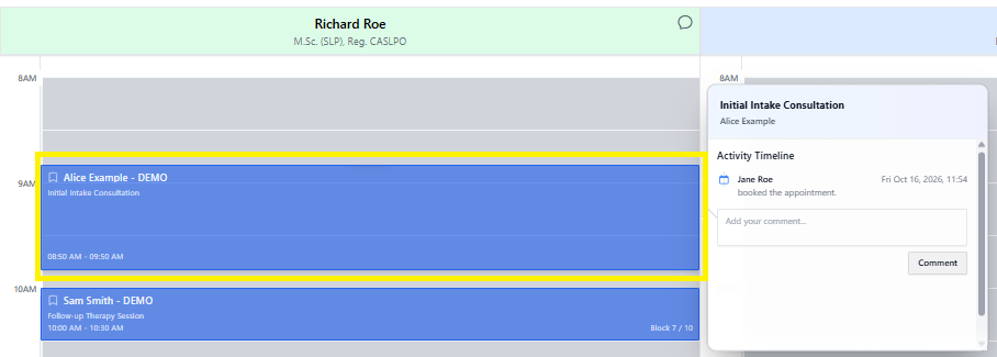 Screenshot for step 3: Save. The appointment is created with status ‘Booked’, and a supervising clinician is assigned automatically if one is set on the client.