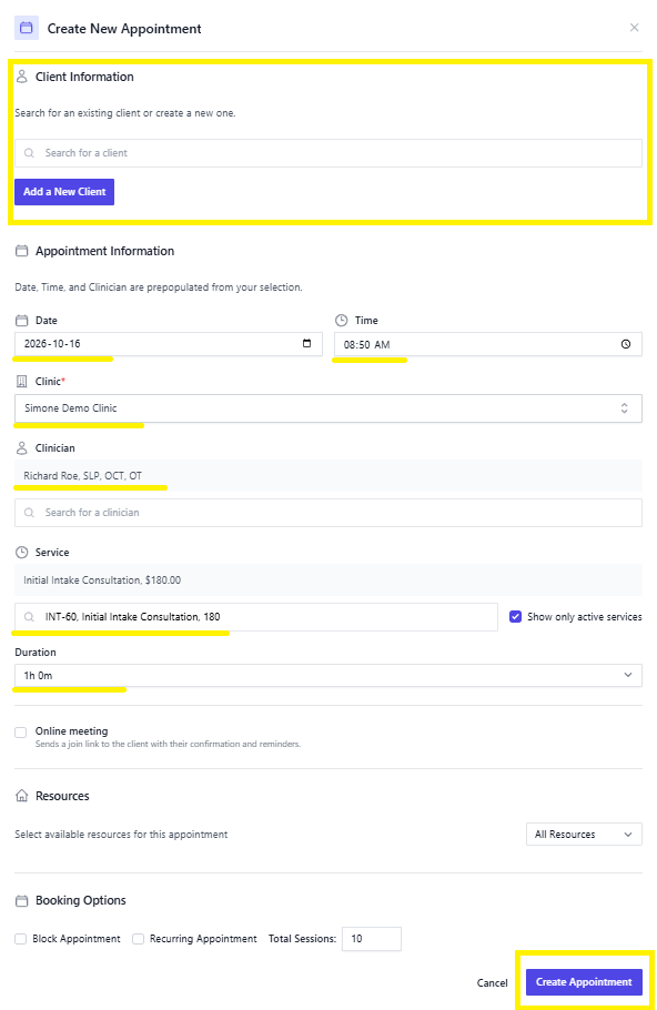 Screenshot for step 2: In the Quick-Add modal, select the client, clinician, service, and time. If a conflict is detected, you’ll see a warning before saving.
